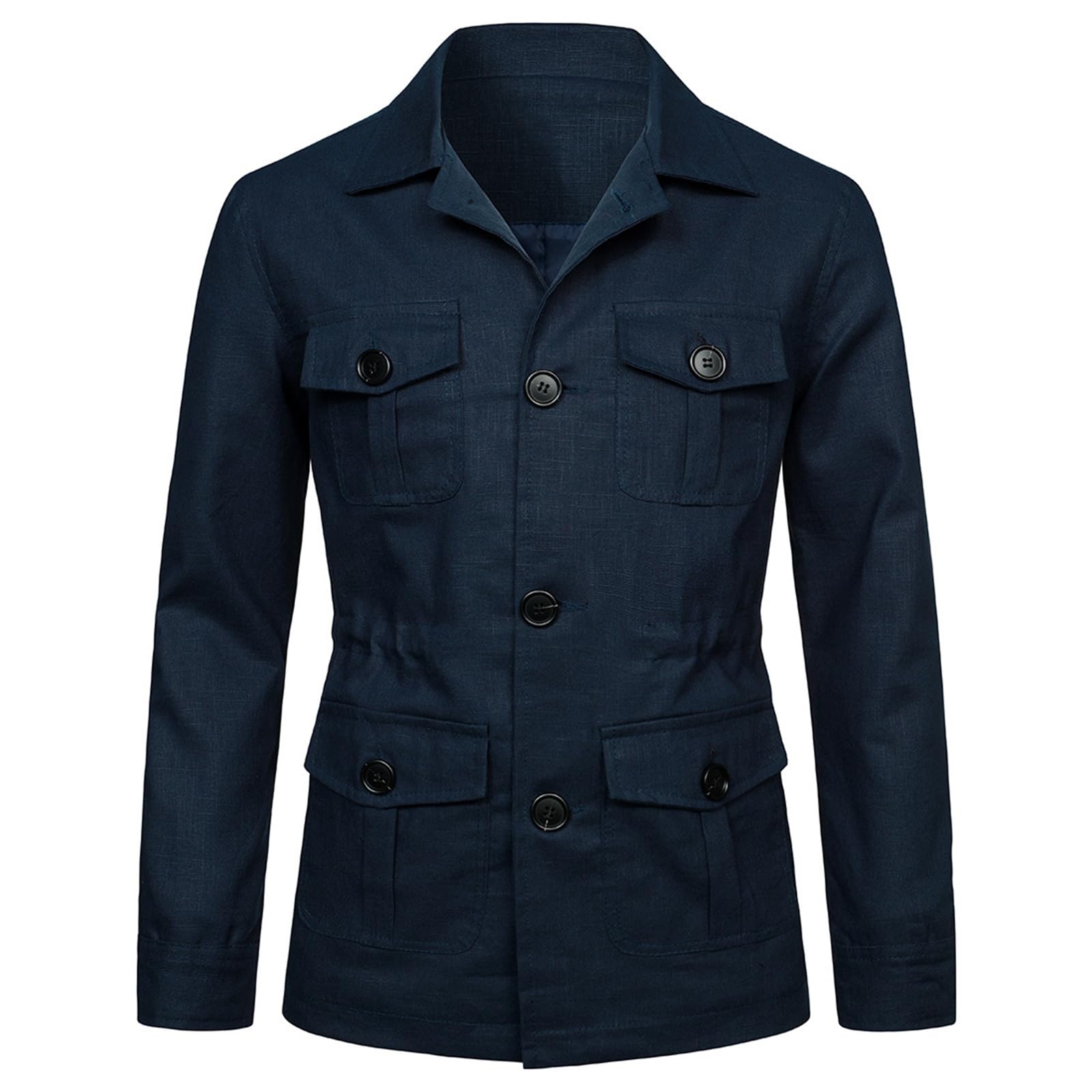 Veste De Safari Légère pour Hommes Lin Décontracté Boutonné Multi-Poches Manteau Cargo Outwear