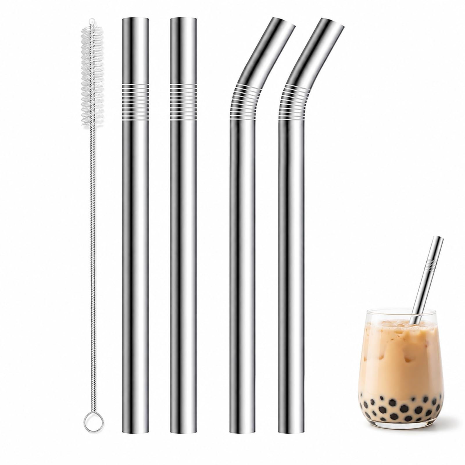 5Pcs 304 Stainless Steel Drinking Straws Set, Straight & Bent Metal Reusable Straws with Cleaning Brush
