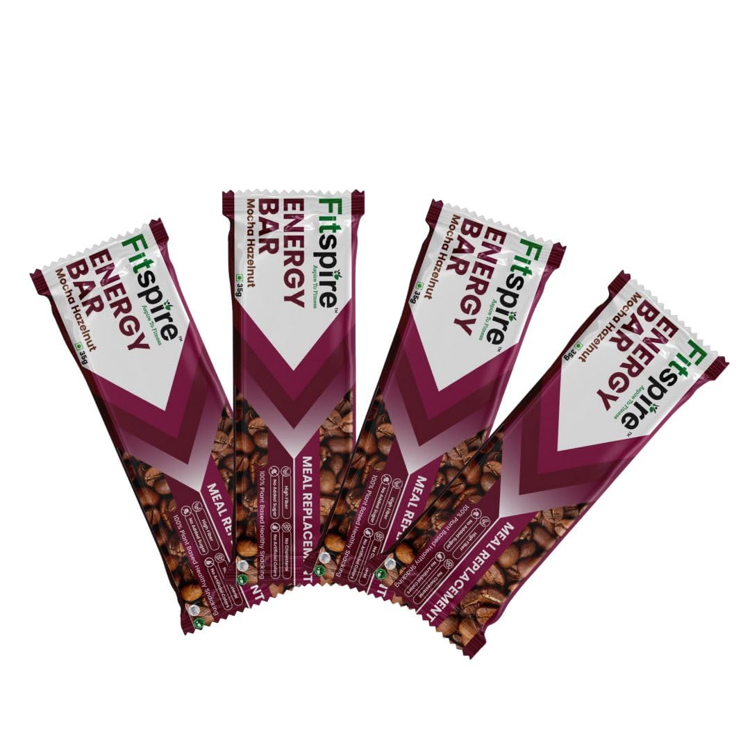 Fitspire Mocha Hazelnut Energy Bar Pack Of 4 x 35g | 100% Vegetarian, Gluten-Free, Zero Added Sugar, Packed with Almond, Fig & Chia Seeds | Natural Energy Booster