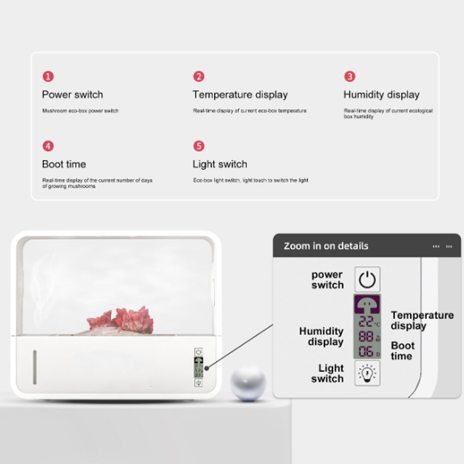 Kit Cultivo Setas Humidificación Automática, Control Inteligente Caja Cultivar Champiñones ABS, para Casa Aficionados Setas
