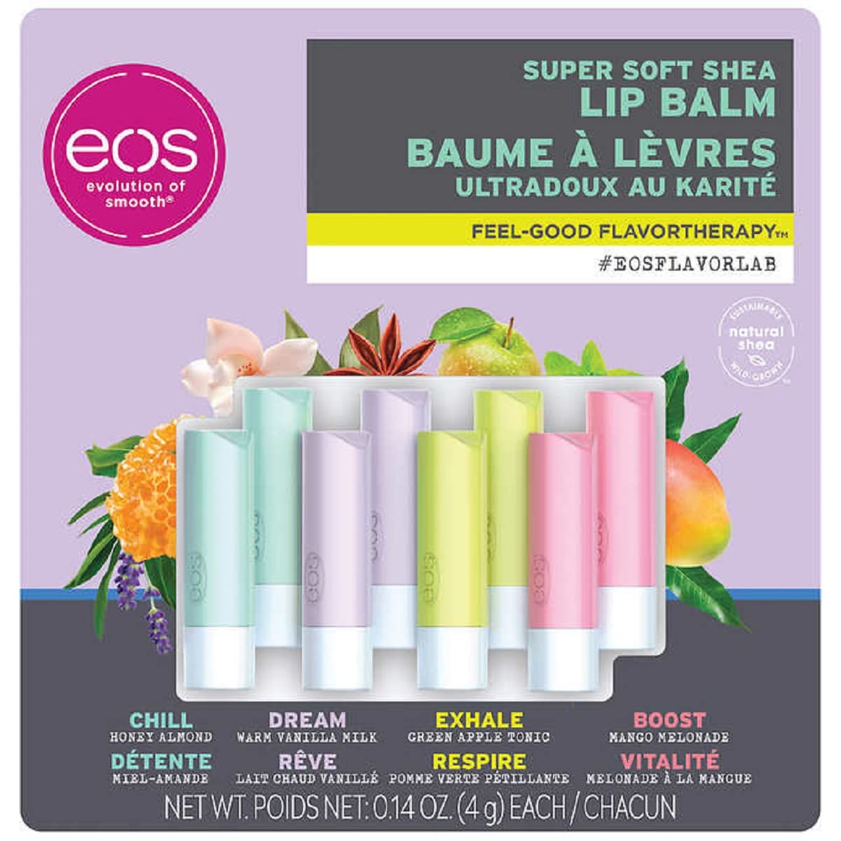 eos FlavorLab 2021 - Bálsamo labial de karité súper suave, paquete de 8, 2 almendras de miel, 2 leche tibia de vainilla, 2 tónicos de manzana verde,