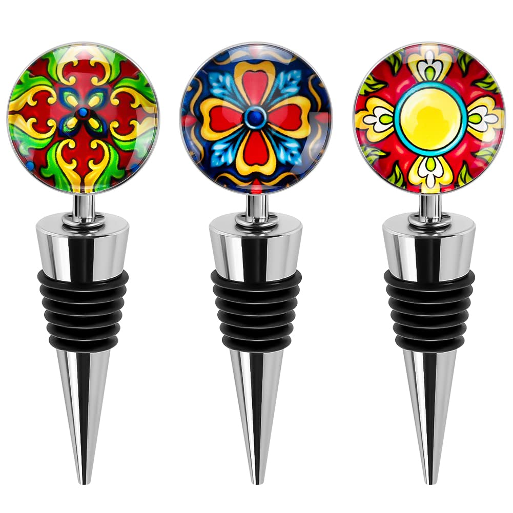 Soleebee 3 Pack Decorative Wine Stoppers, Wine Bottle Stopper with Beautiful Art Glass，Beverage Bottle Stoppers For Gifts, Bar, Holiday Party, Wedding (Mandala C)