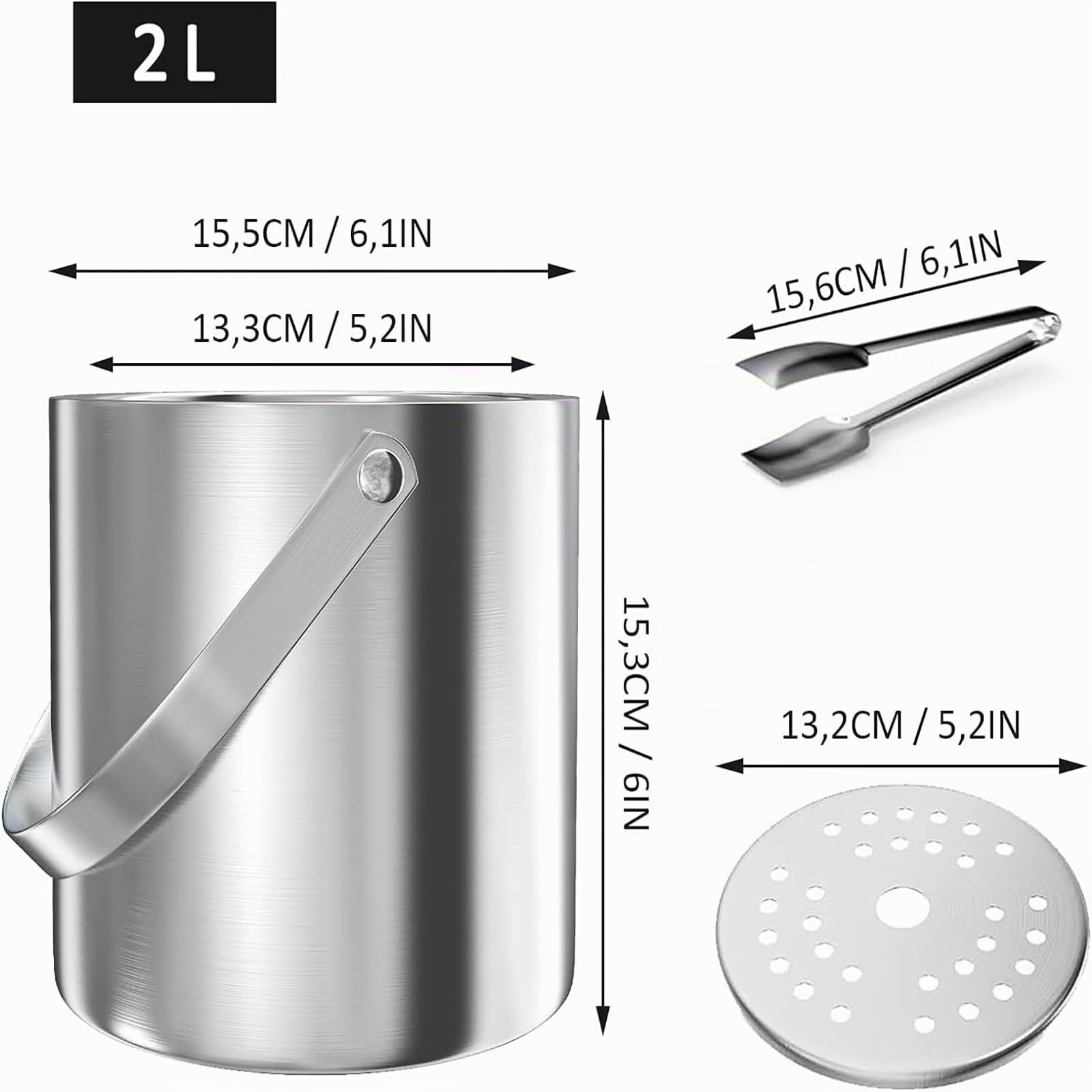 Contenitore rotondo per cubetti di ghiaccio, contenitore rotondo per cubetti di ghiaccio, da 2 l, in acciaio inox, per bar, feste, per conservare bevande