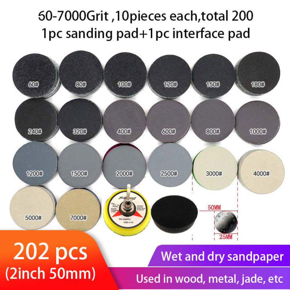 SHENGANG 202pcs Assortiment de papier abrasif sec et humide 60-7000 Disque abrasif 2quot; Papier abrasif imperméable 50 mm avec tampon de ponçage à crochet pour bois, 1000