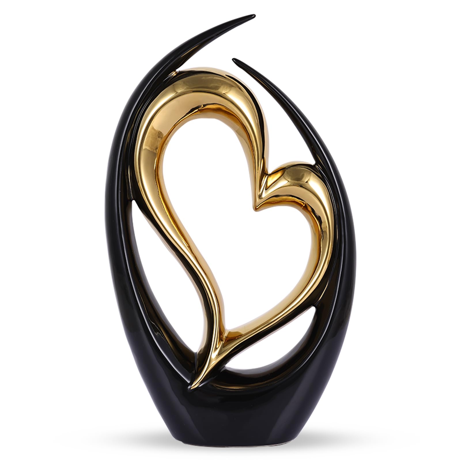 LCCCK Black and Gold Heart Statue Porcelain, Gold Double Heart Sculpture Couple Love Coquette Decor, Heart Art Knick Knacks - for Home Coffee Table Shelf Wedding Centerpiece (B)