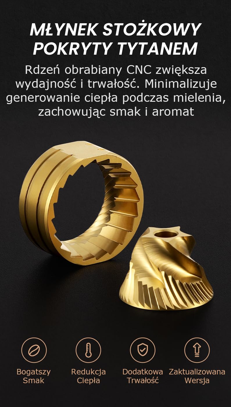 Vevok Chef Ręczny młynek do kawy O20-20 poziomów regulacji zewnętrznej, pojemność 35 g z walizką podróżną i sprzętem czyszczącym, konsekwentne mielenie Ti-Plated stal nierdzewna stożkowy zadzior