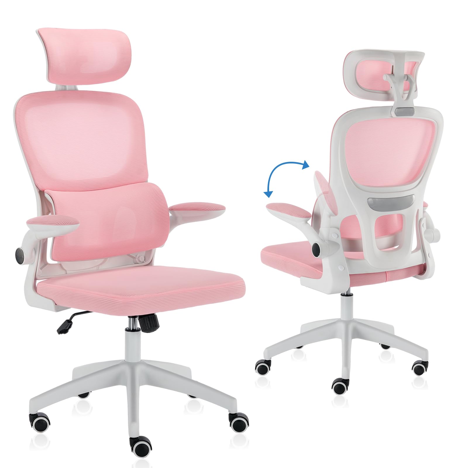 Office Chair, Ergonomic Home Desk Chair, High Back Breathable Mesh Computer Chair with flip-up Armrests & Cushion for Lumbar Support and Headrest (pink)