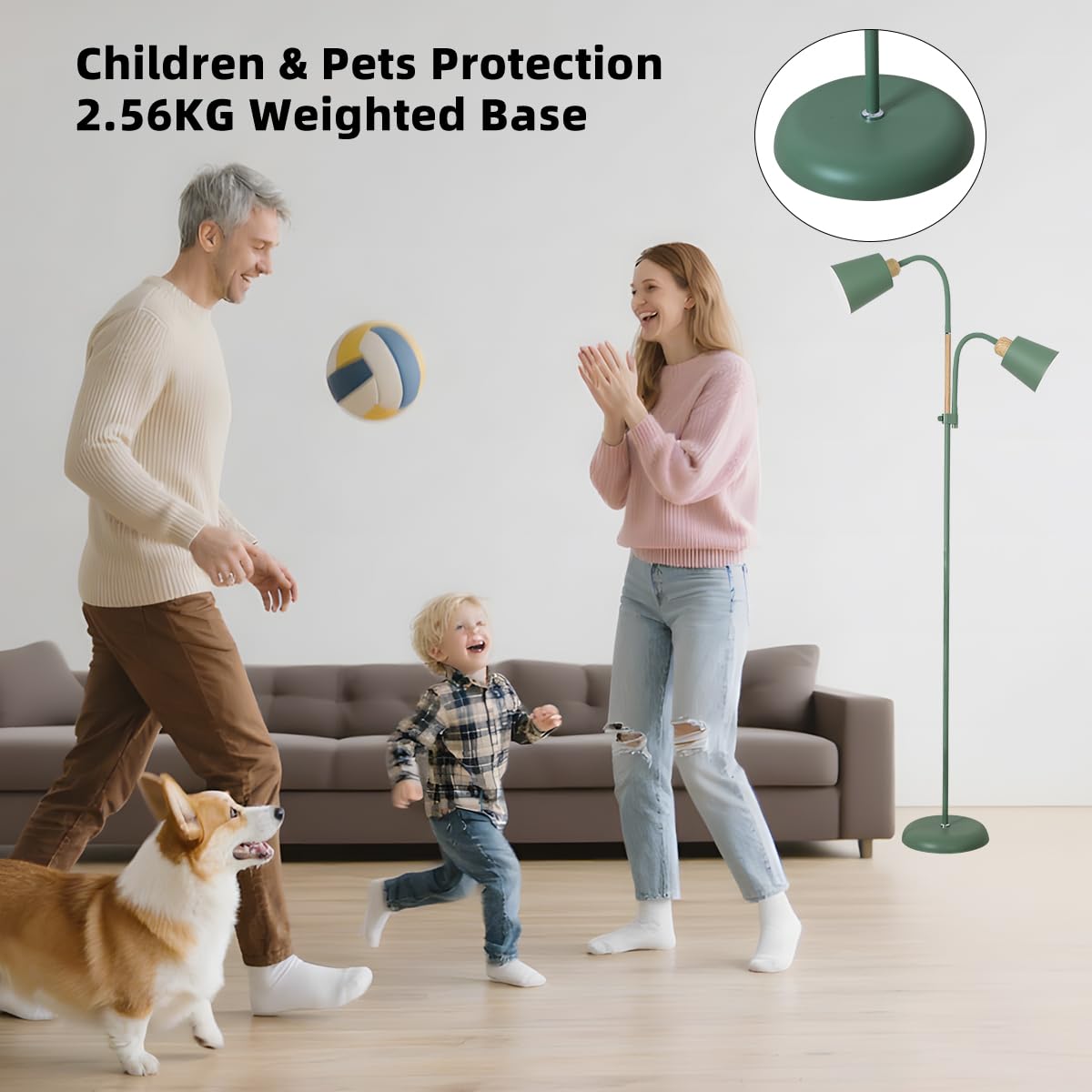ANTENLICHT Lampada da terra YOYO con luce lettura | E27 max 60W | 2 teste orientabili 360° | Design vintage moderna in metallo per soggiorno | Altezza 159cm verde, senza lampadina