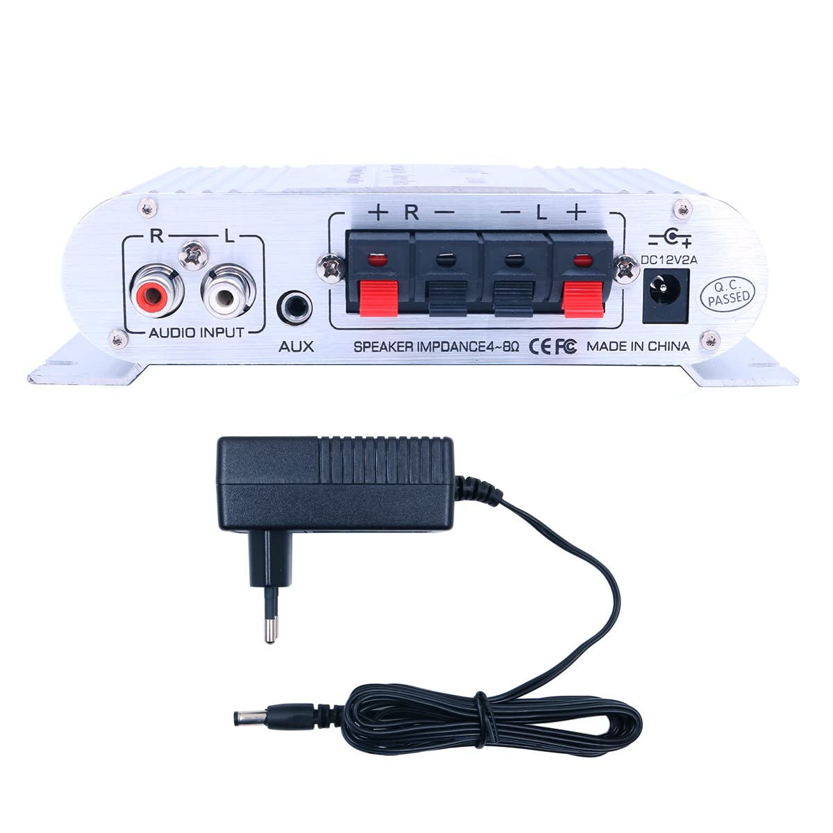 DollaTek LP-808 12V MiNi amplificatore HiFi portatile cablato con alimentatore 3A per telefono da casa per auto - Argento