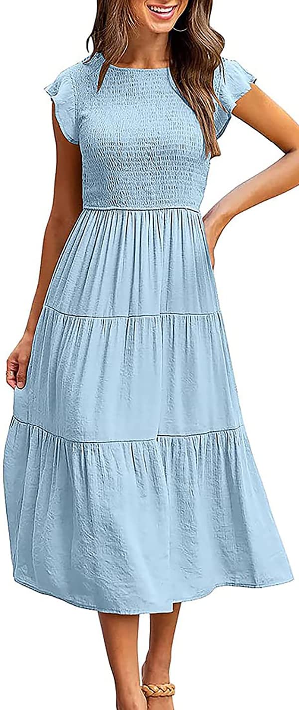 TAKUSHI HF Women's Casual Flutter Short Sleeve Dress Summer Crew Neck Smocked Elastic Waist Tiered Midi Dress
