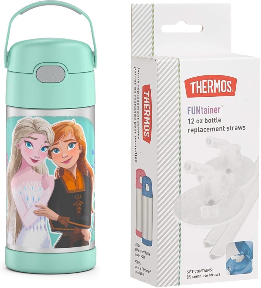 THERMOS FUNTAINER 12 Ounce Stainless Steel Vacuum Insulated Kids Straw Bottle, Frozen 2 & Replacement Straws for 12 Ounce Funtainer Bottle, Clear, one size (F401RS6)