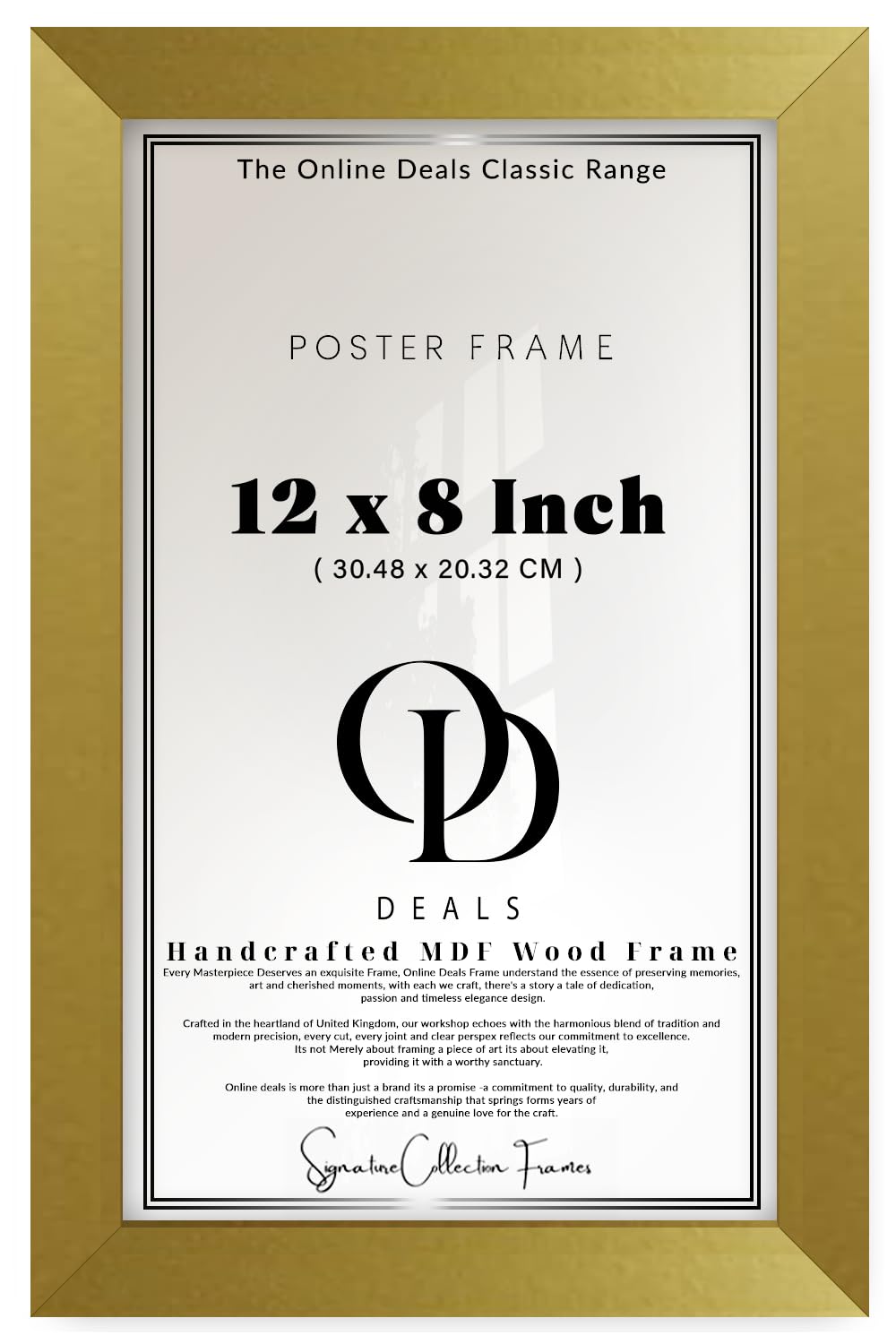 OD Deals — Classic Rectangle 12 X 8 Inch Picture Frame | Safety Styrene (Engineered Wood Border) — Gold Finish For Wall And Tabletop Display Of Prints Art Posters | Includes Stand, Hanger