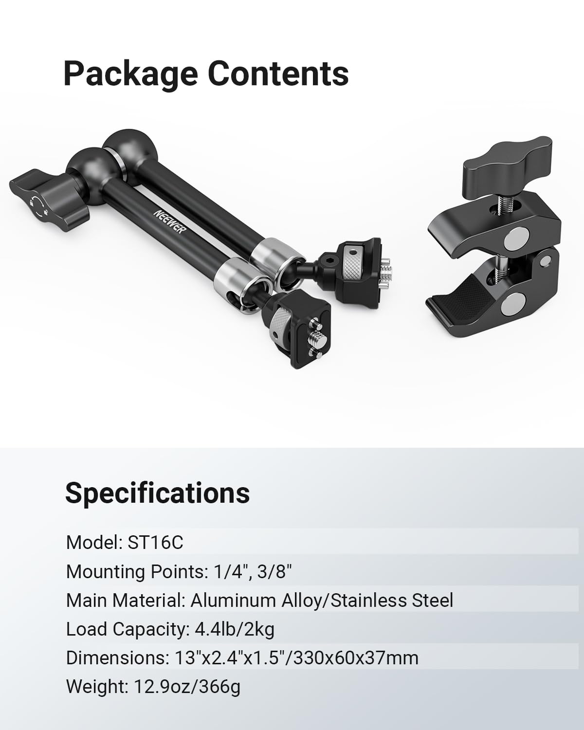 NEEWER 11" Gelenk Magic Arm Clamp Mount mit Super Clamp Kamera Monitor Halterung 1/4" 3/8" Positionierungsstiften Löchern für DSLR Action Kamera Videoleuchte kompatibel mit SmallRig Cage, ST16C