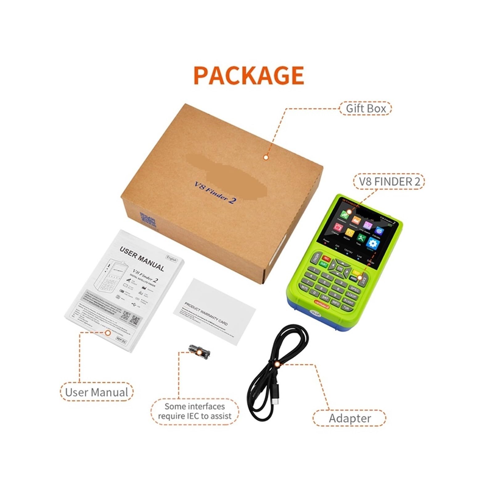Cercatore satellitare, V8 Finder 2 Rilevatore di segnali satellitari DVB-S/S2/S2X Digitale 1080P HD H.264 Supporto CCM, VCM, ACM, ricevitore TV via satellite(Only v8 finder 2)