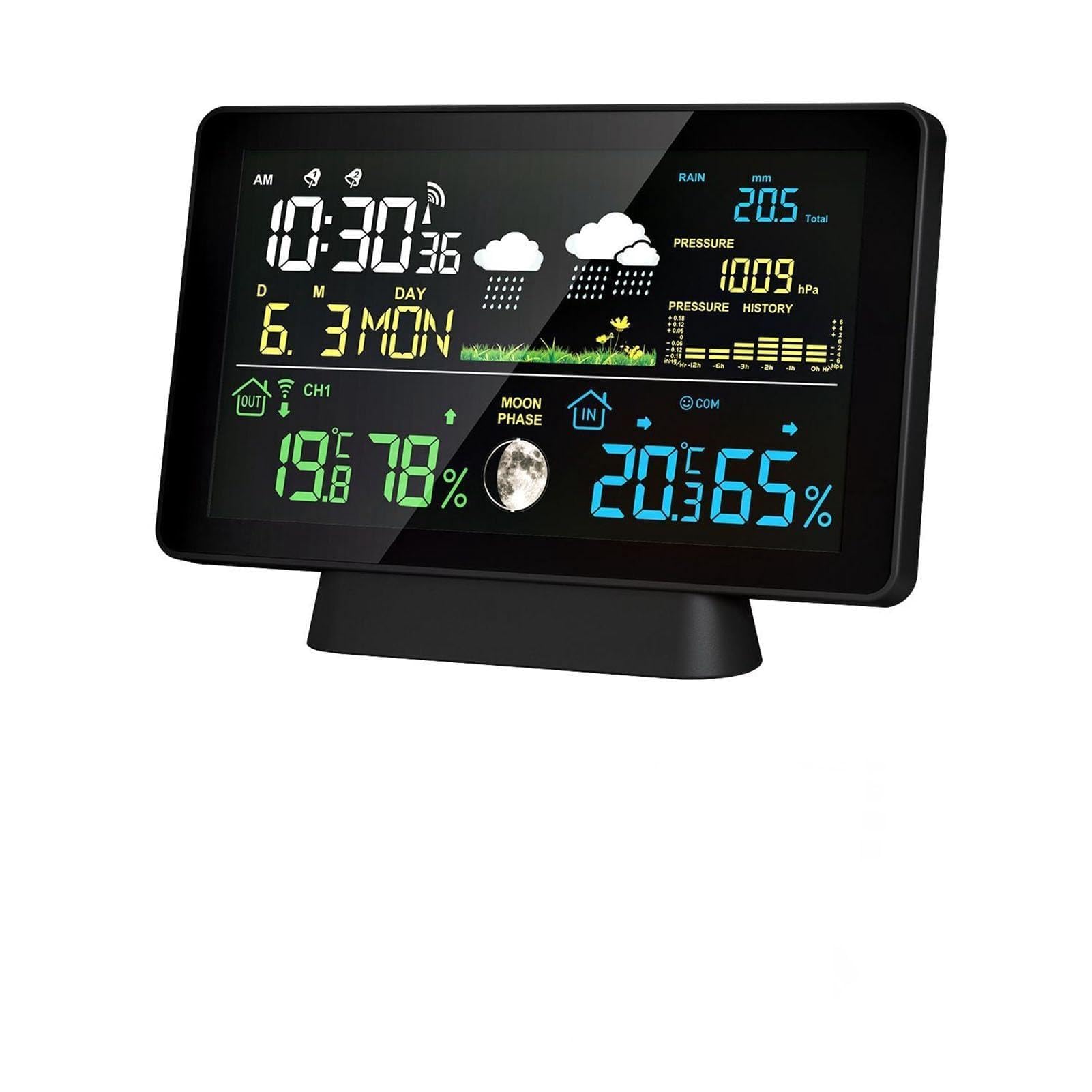 Estación Meteorológica Inalámbrica con Pantalla Táctil de 7,5 Pulgadas, Termómetro Interior Exterior 8 en 1, Temperatura Humedad, Presión Barométrica, Fase Lunar, Pluviómetro,