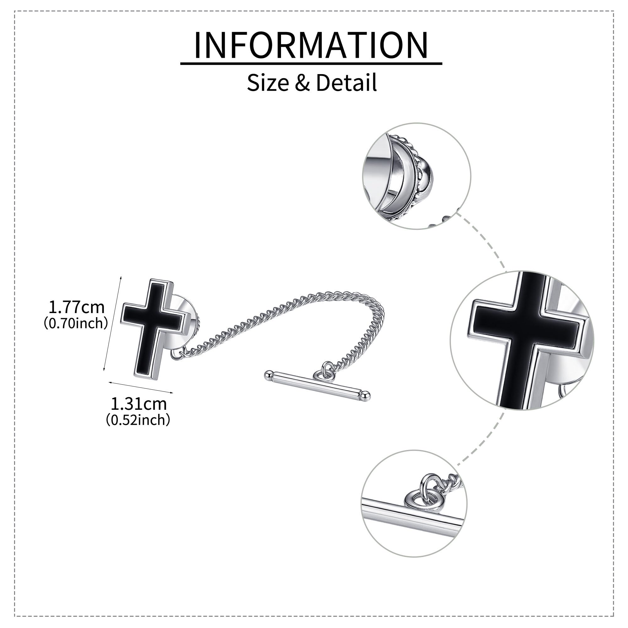 Alfiler de corbata de plata de ley con diseño de trébol de cuatro hojas/cruz ónix para hombre