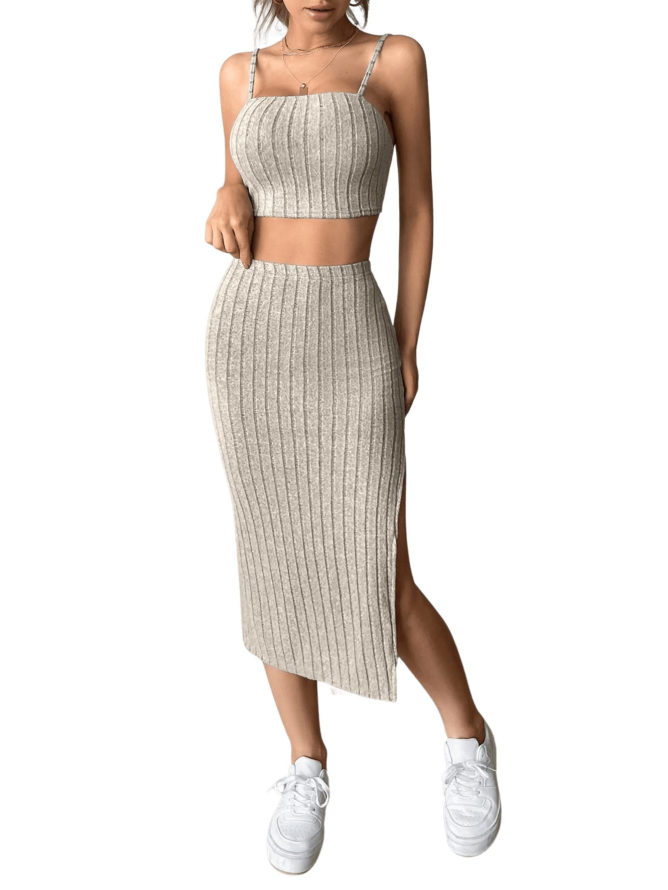 GORGLITTER Conjunto de falda y top de 2 piezas para mujer, camiseta corta con abertura, falda midi para verano, conjunto de camisola