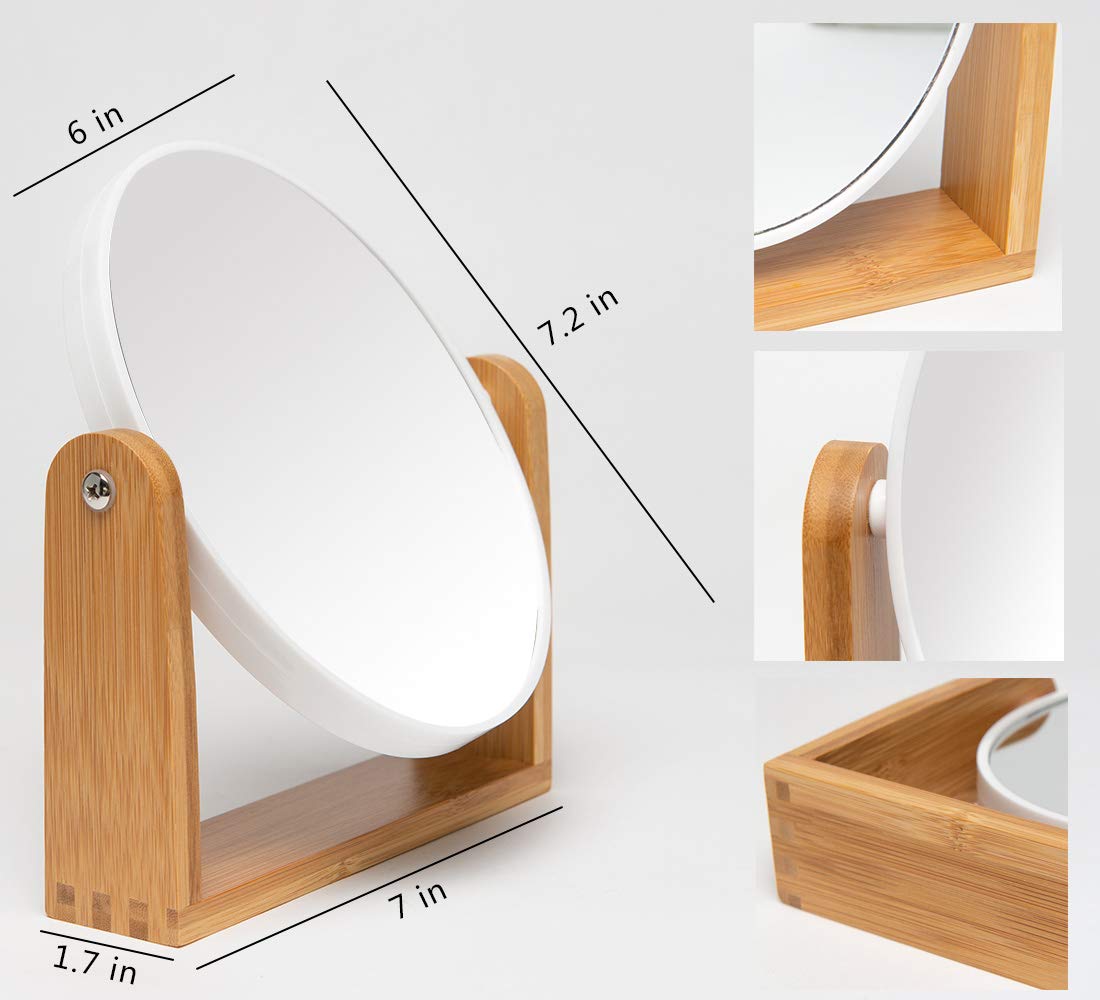 Petit Miroir En Bambou Sur Pied Pivotant - Pour Maquillage Ou Poupée