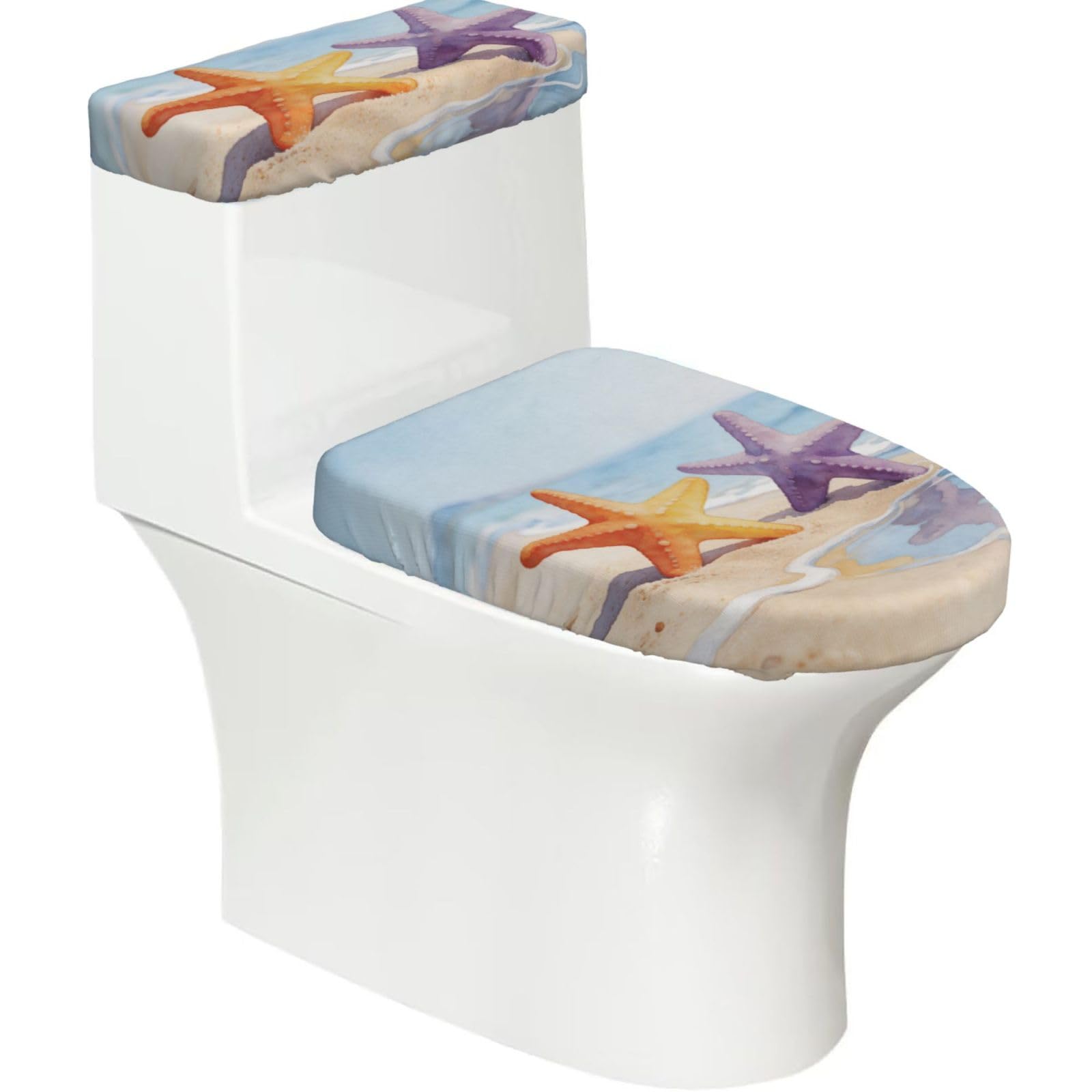 Starfish Wash Elastic Toilet Cover Set of 2-Stretchy Lid and Tank Covers for Bathroom, Soft Washable U Shape Toilet Decor