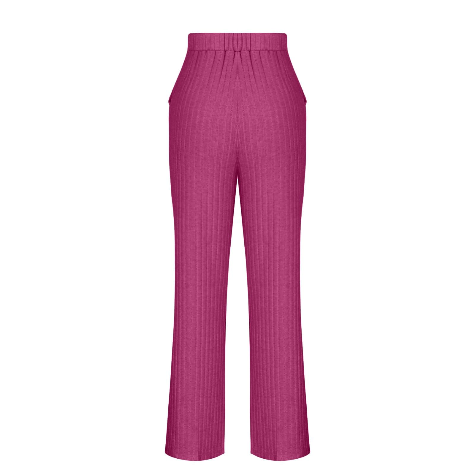 Loungewear Ensemble pyjama côtelé à manches longues pour femme | Ensemble de pyjama à manches longues et col en V en tricot et jambes droites - Vêtements de maison chauds - Couleur unie