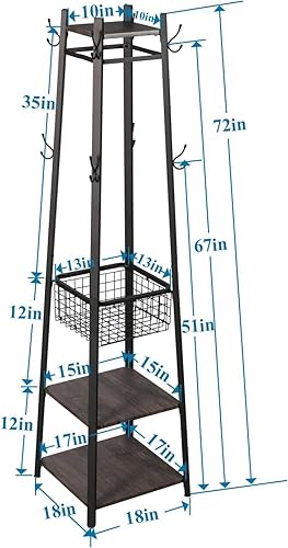 Miniatura 7 de VECELO Perchero independiente, árbol de pasillo con cesta de metal y estantes de almacenamiento, perchero industrial con 8 ganchos para colgar
