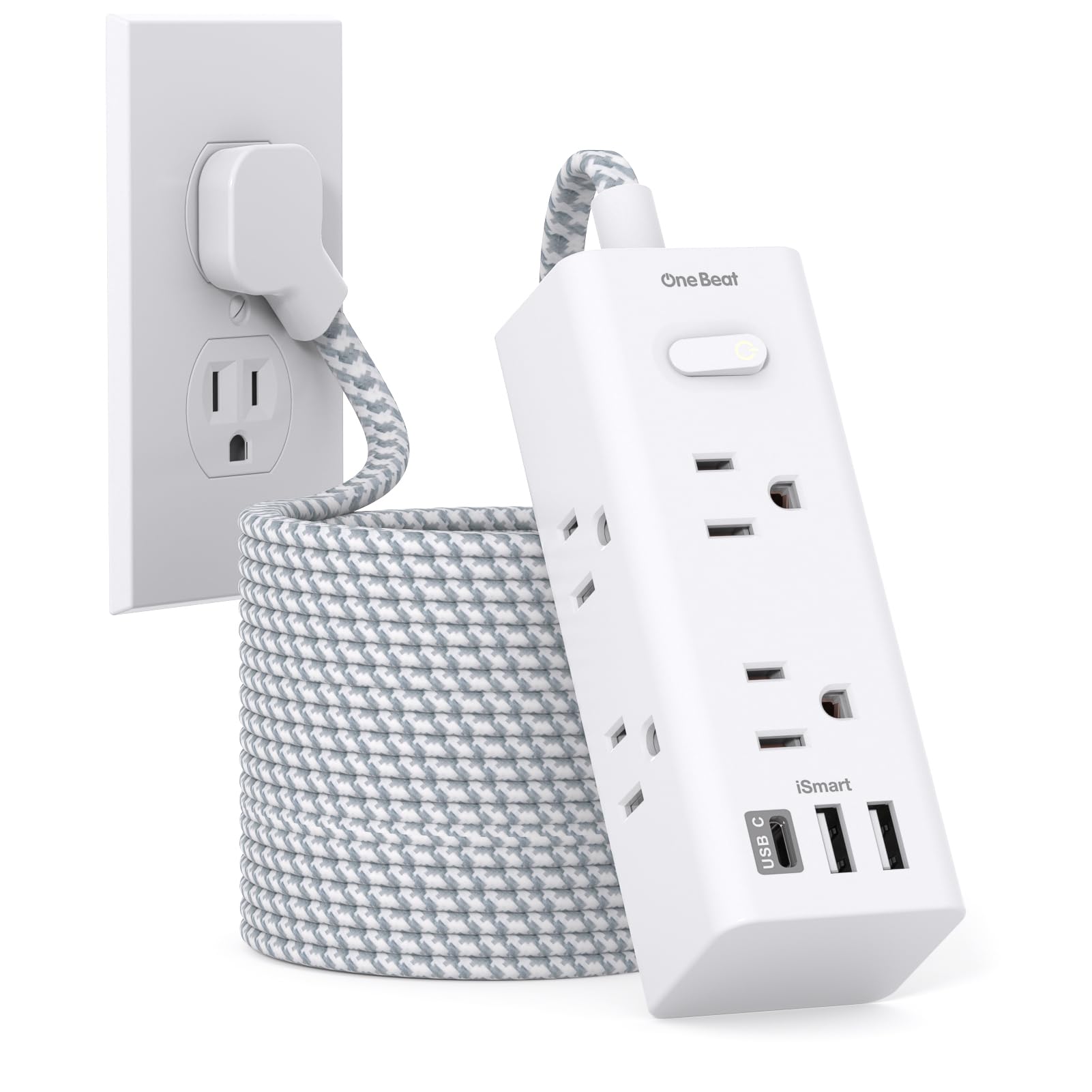 25 Ft Extension Cord with Multiple Outlets - One Beat Flat Plug Power Strip Surg