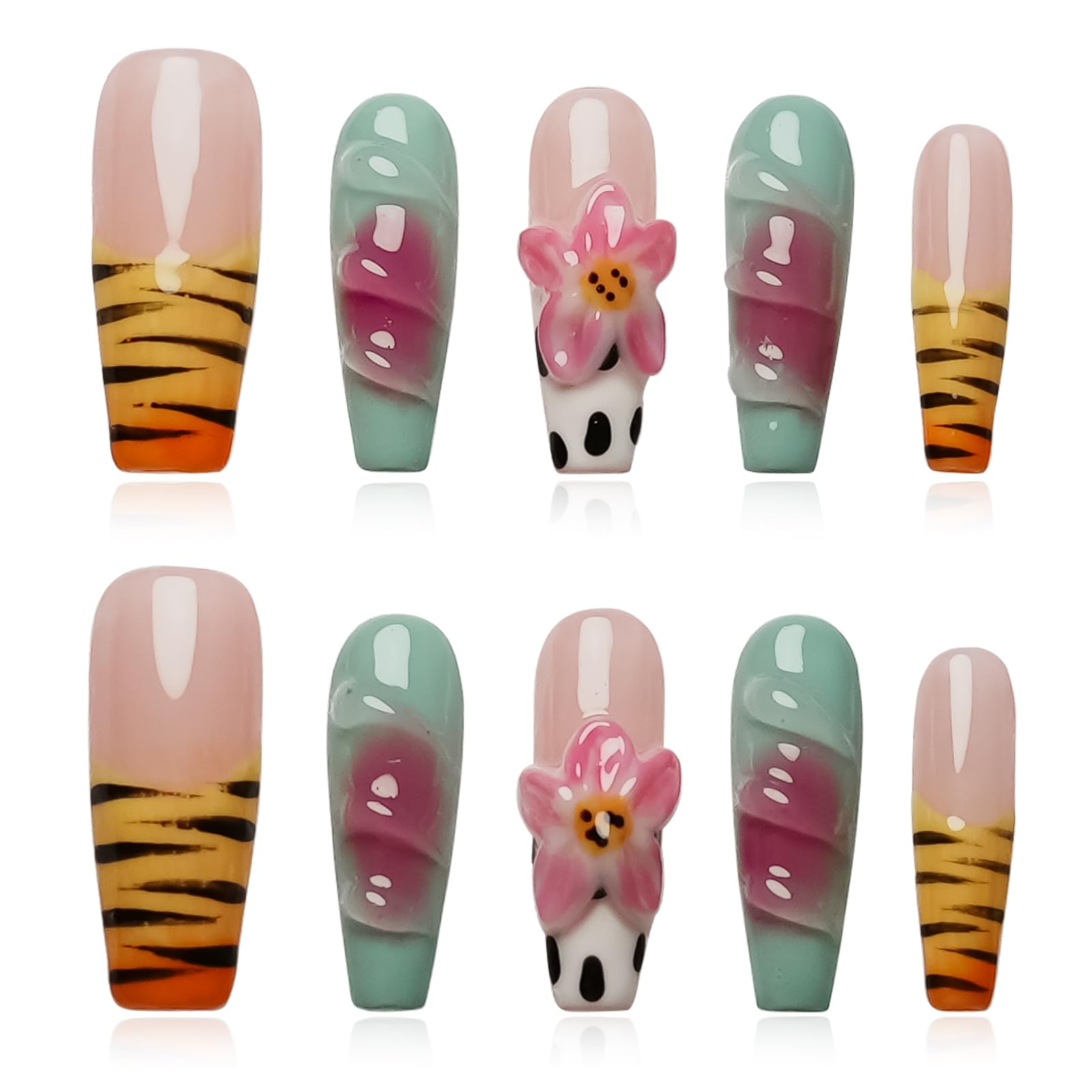 Handmade Press on Nails Long Coffin Muti-Layer Gel Fake Nails - 3D Lotus Flowers & Tiger Print, French Tip Glossy Thick Acrylic Nails (Playful Zebra with Lotus,S): S Cute Snowman