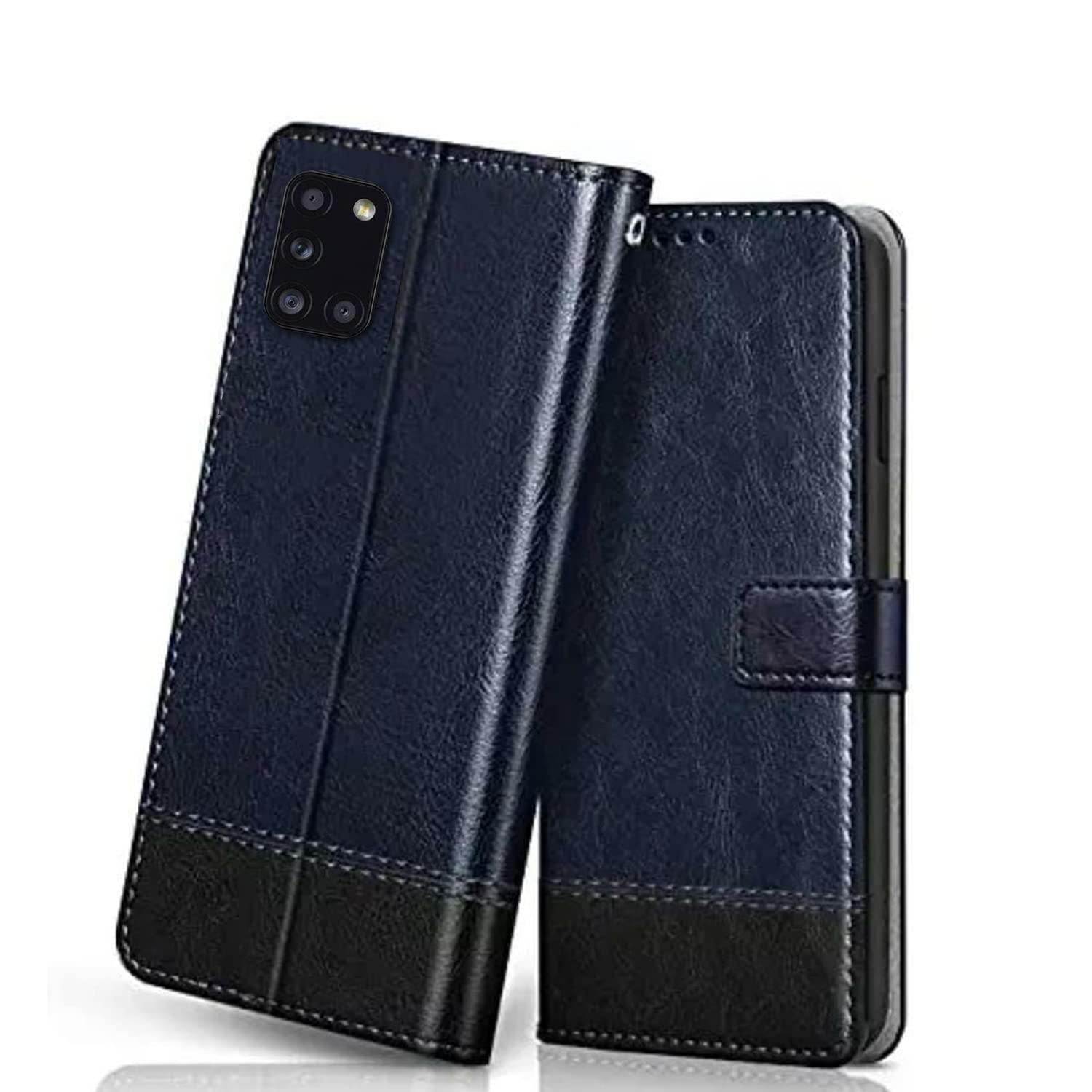 Winkel Premium Vegan Leather Dual Flip Magnetic Mobile Cover Case | Kickstand & Card Holder | 360 Degree Grip Protection| Wallet Type with Magnetic Closure for Samsung Galaxy A31 -(Blue with Black) (B09M6RQP9M) Amazon Price History, Amazon Price Tracker