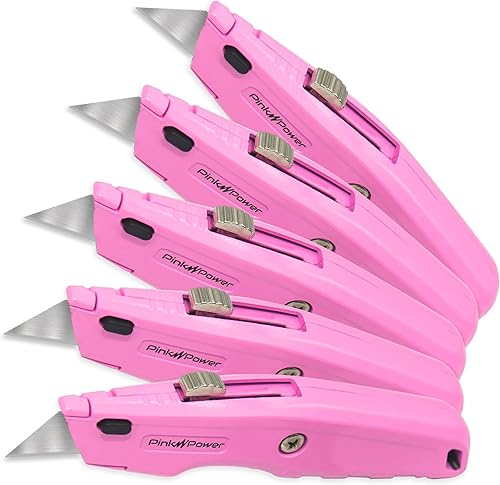 Cortador de caja rosa retráctil, cuchillo utilitario rosa para alfombra, cuchillo cortador de caja resistente con 3 cuchillas y compartimento de
