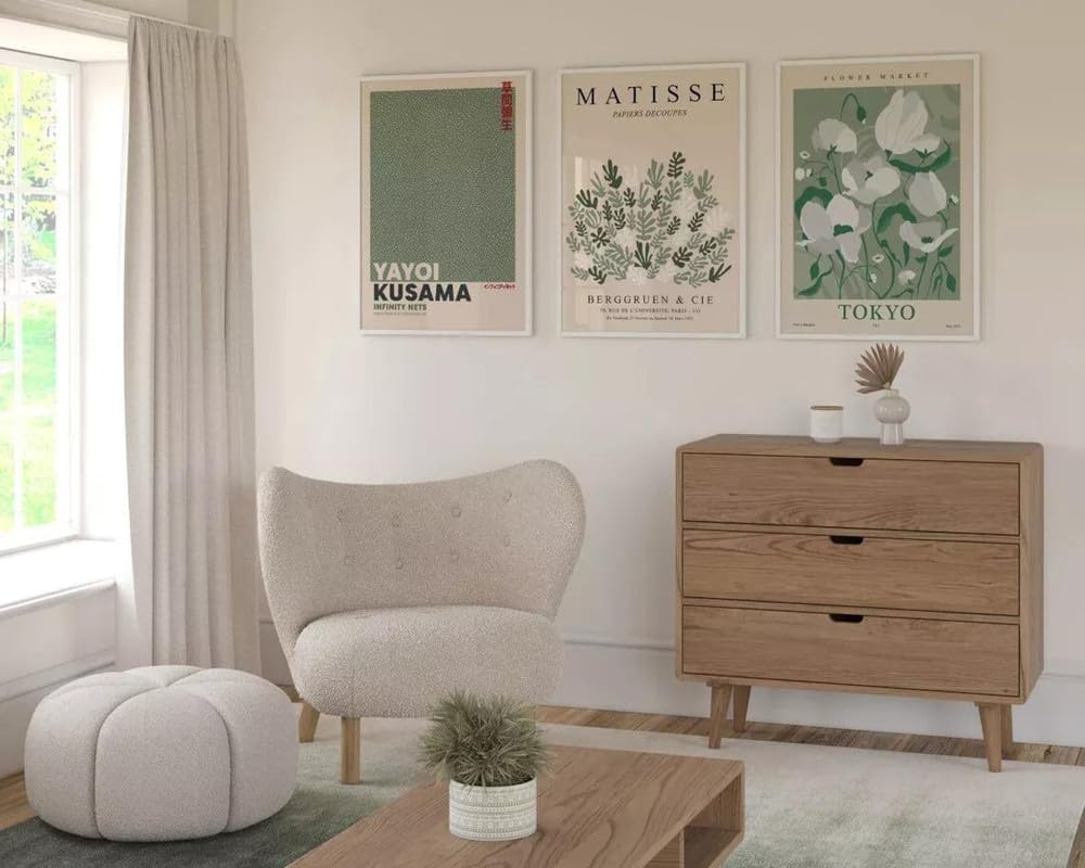 Pixie Posters Multi Colour Abstract Matisse Wall Art Set Of 3 Sage Green Frameless Posters (A2 Size 42Cmx59.4cm)