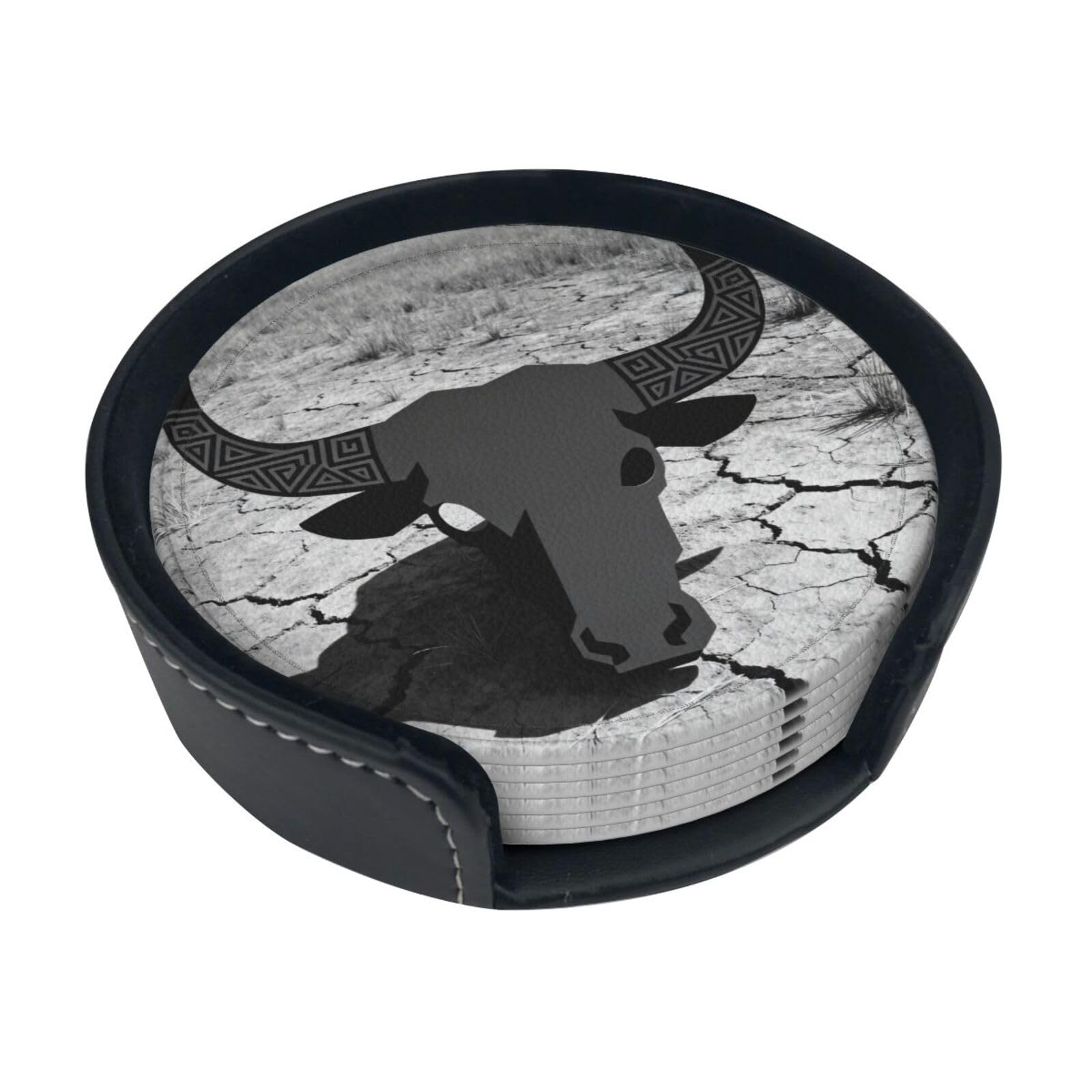 Cntdbu White Bison Skull Horn Leather Coasters Set Of 6-Pu Leather Drink Mats For Table, Heat Resistant Round Coasters With Holder