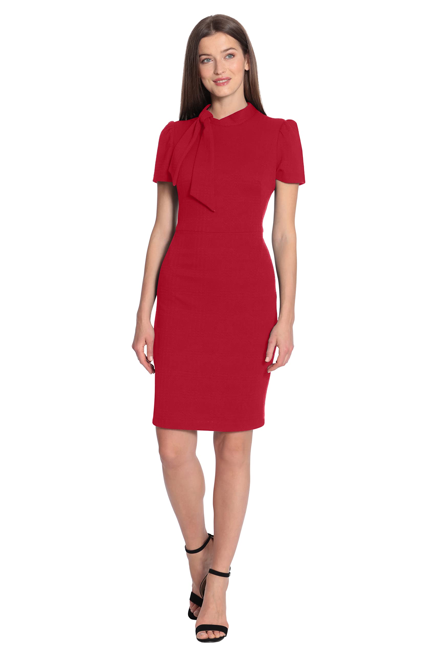 Maggy London Womens Midi Short Sleeve Sheath with Neck Tie Career Office Work Wear