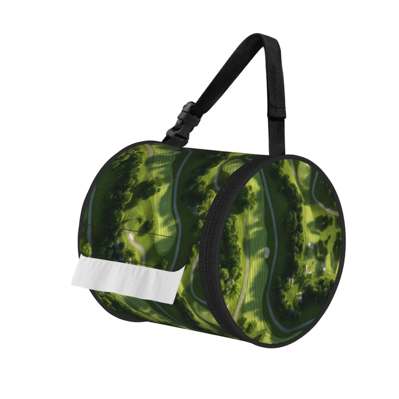 Golf Course Lawn Printed Cylindrical Tissue Bag Portable Oxford Cloth, Foldable Travel Tissue Holder With Zipper And Adjustable Belt