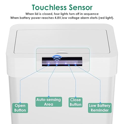 Miniatura 4 de Arlopu Basurero automático, cubo de basura de acero inoxidable con sensor de movimiento, sin contacto, con tapa de cierre suave, luz de