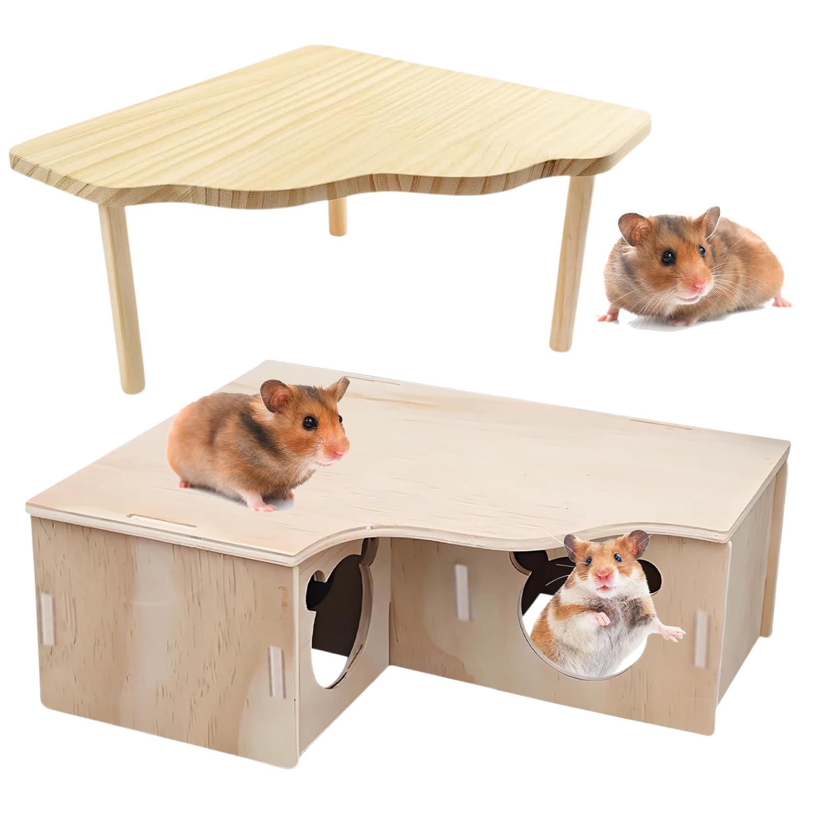 llikknve Hamster Hides, Wooden Hamster Platform & Hideout, Multi-Chamber Design, Easy to Assemble & Clean, Ideal for Small Pets, Mice, Gerbils