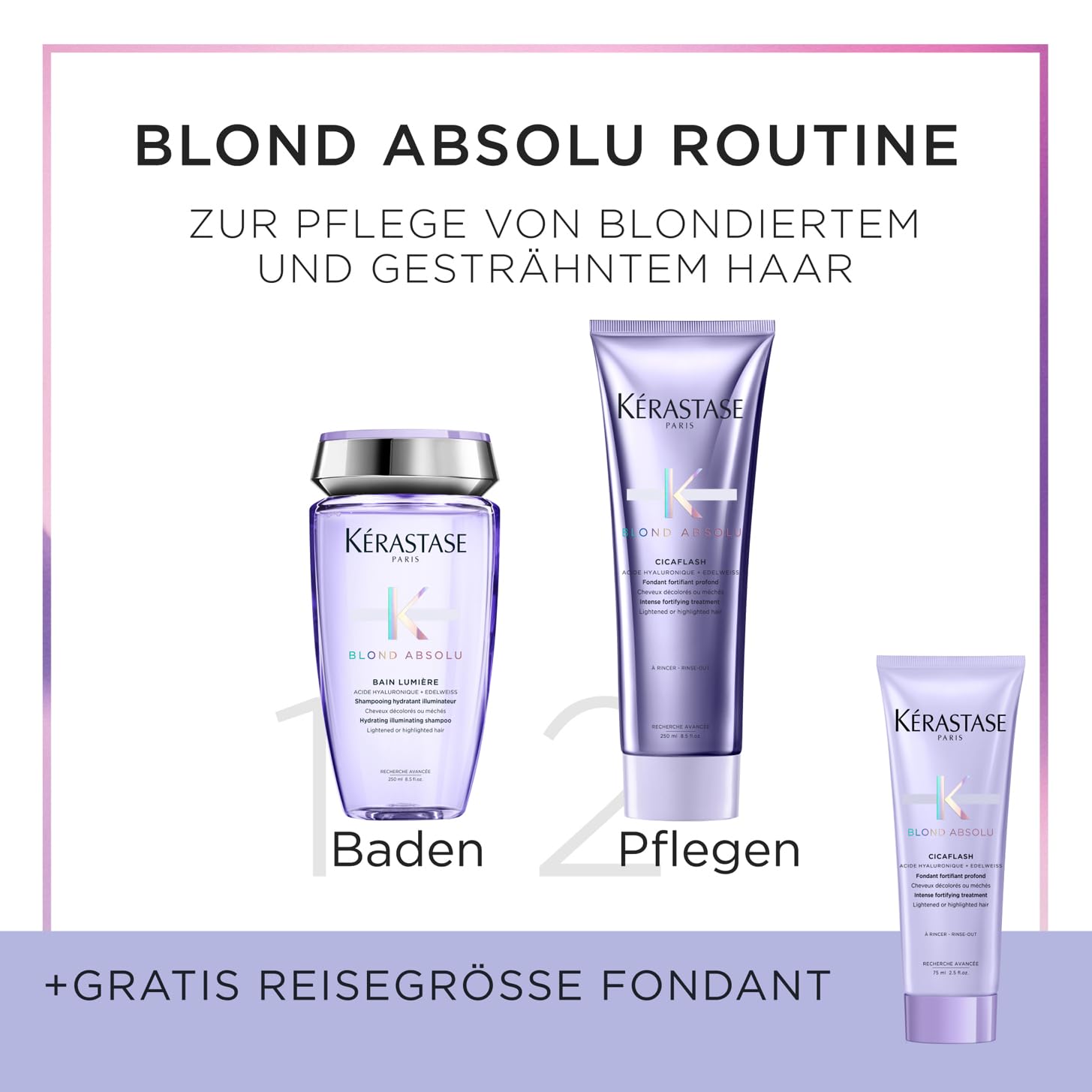 Kérastase, Blond Absolu, Pflegeroutine mit Shampoo sowie Haarspülung (Normalgröße und gratis Probiergröße 75ml) für blondiertes, gesträhntes oder natürlich blondes Haar, Mit Hyaluronsäure