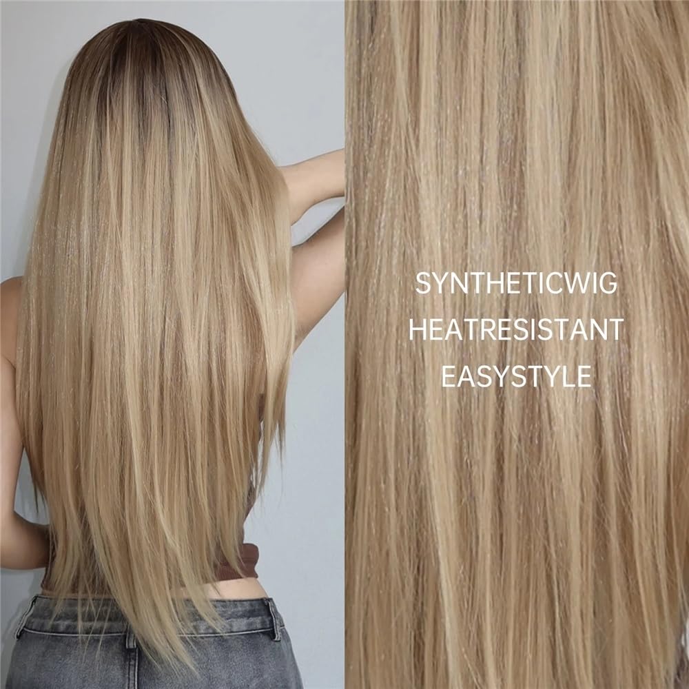 Peluca rubia larga y recta for mujer con flequillo, pelucas sintéticas Cosplay de 26 pulgadas for uso diario en fiestas Suave y Natural