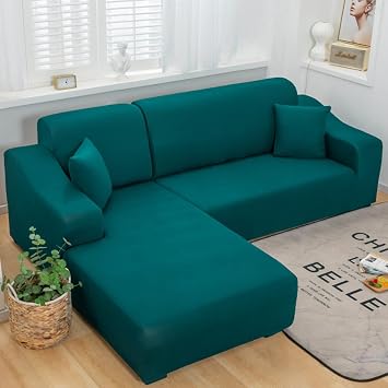 Sectional Couch Covers L Shape Sofa Covers Super Stretch 1pcs Sofa Slipcovers for 4 Seaters Sectional Chaise Slipcover for Pets, Emerald Green