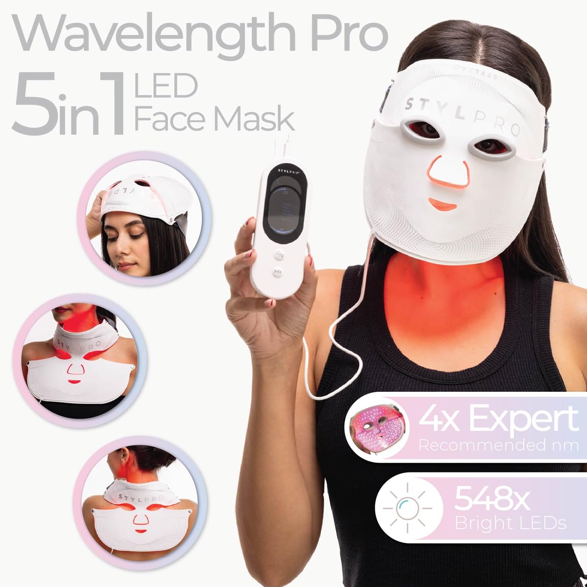 STYLPRO WAVELENGTH PRO 5-in-1 LED Light Therapy Mask - Red Light Therapy for Face Neck, Back & Hair - Image 2