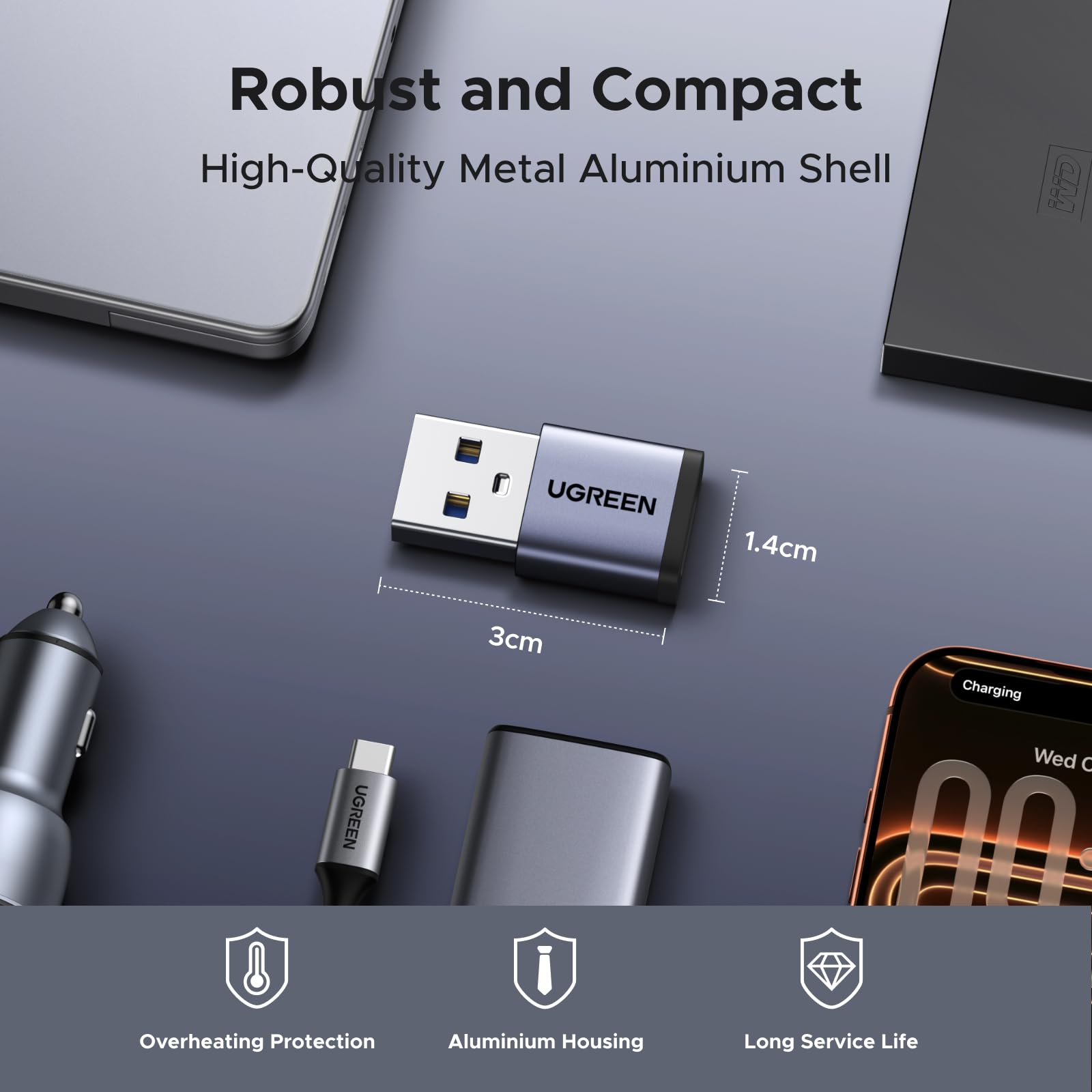 UGREEN Adapter USB-C (5 szt.), 10 Gb/s USB-C żeński na USB-A męski aluminiowy adapter kompatybilny z urządzeniami iPhone 17/16/15, iPad, Galaxy S/Note, laptopami, CarPlay itp.