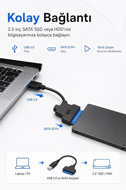 USB to Sata Usb 3.0 to Sata 22PIN 2,5 inç Adaptör HDD SSD Harici Sabit Disk Dönüştürücü Kablo