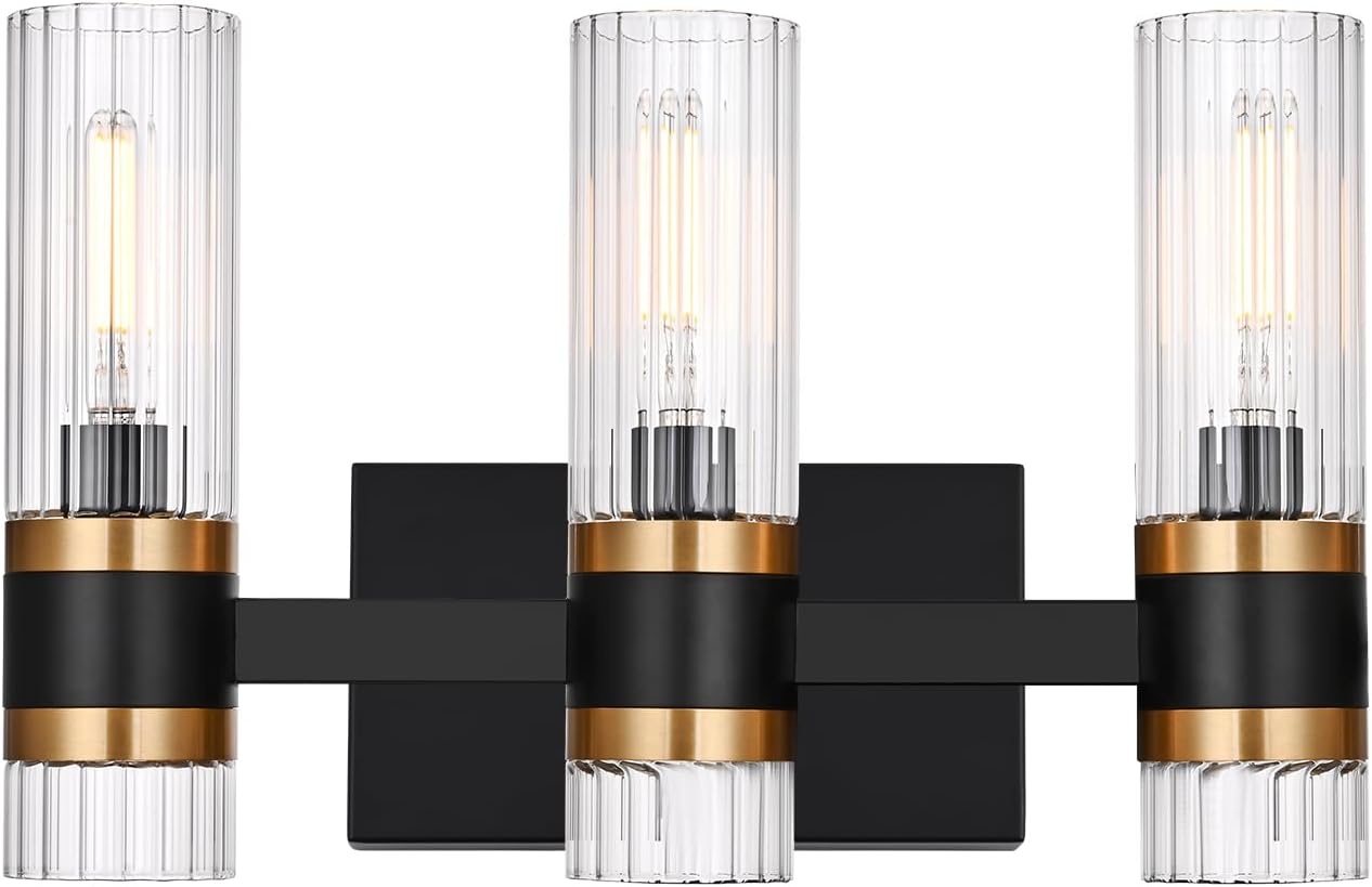 MELUCEE Black 3 Light Bathroom Vanity Light, Modern Vanity Lights Bathroom Light Bar with Ribbed Clear Glass Shade Indoor Wall Lights for Mirror Cabinet Kitchen Bedroom Hallway, E12 Base