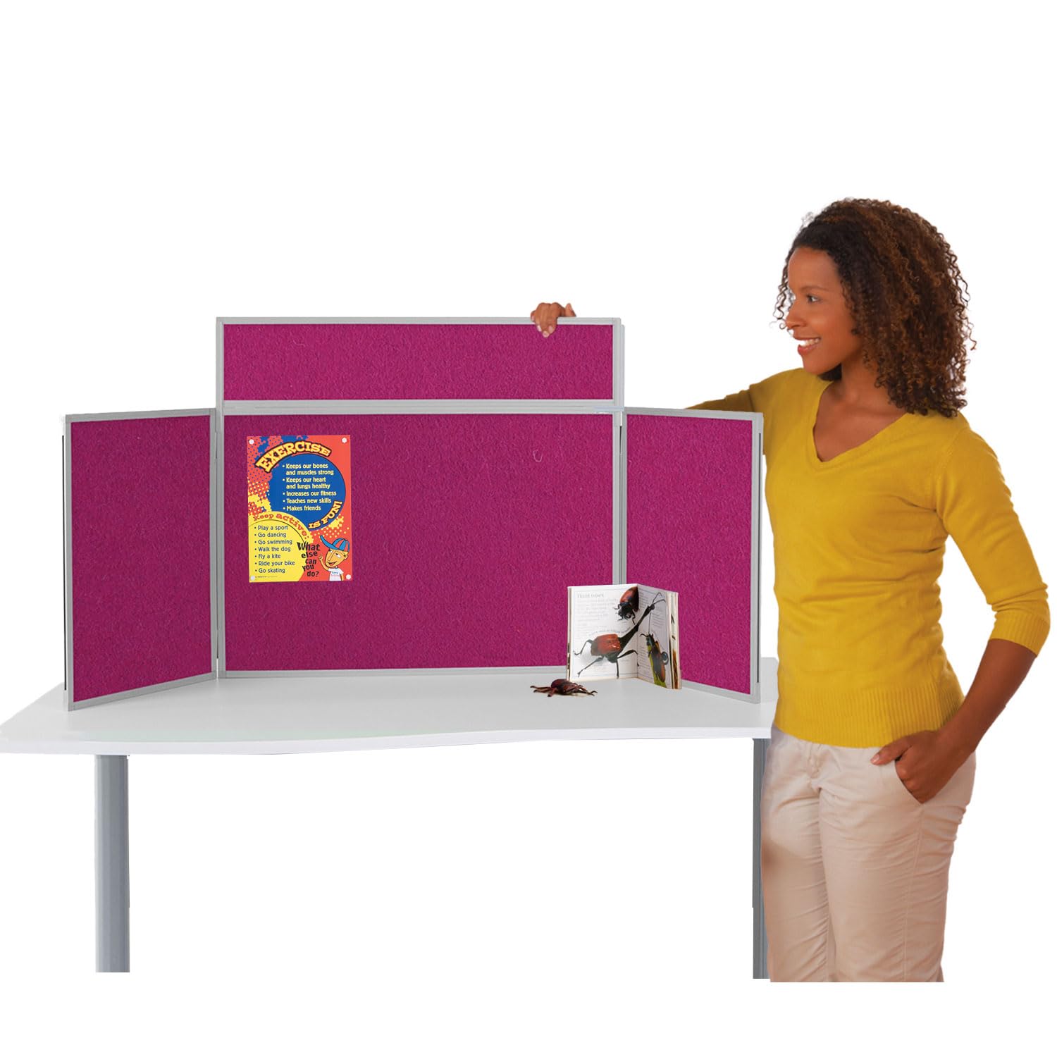 Wonderwall Tabletop Exhibition Folding 3 Panel Display Kit, Landscape, Lightweight, Magenta Pinboard, PVC Frame, Clip-on Header & Storage Bag, for Office, School, Exhibition, Info Hubs — image 1