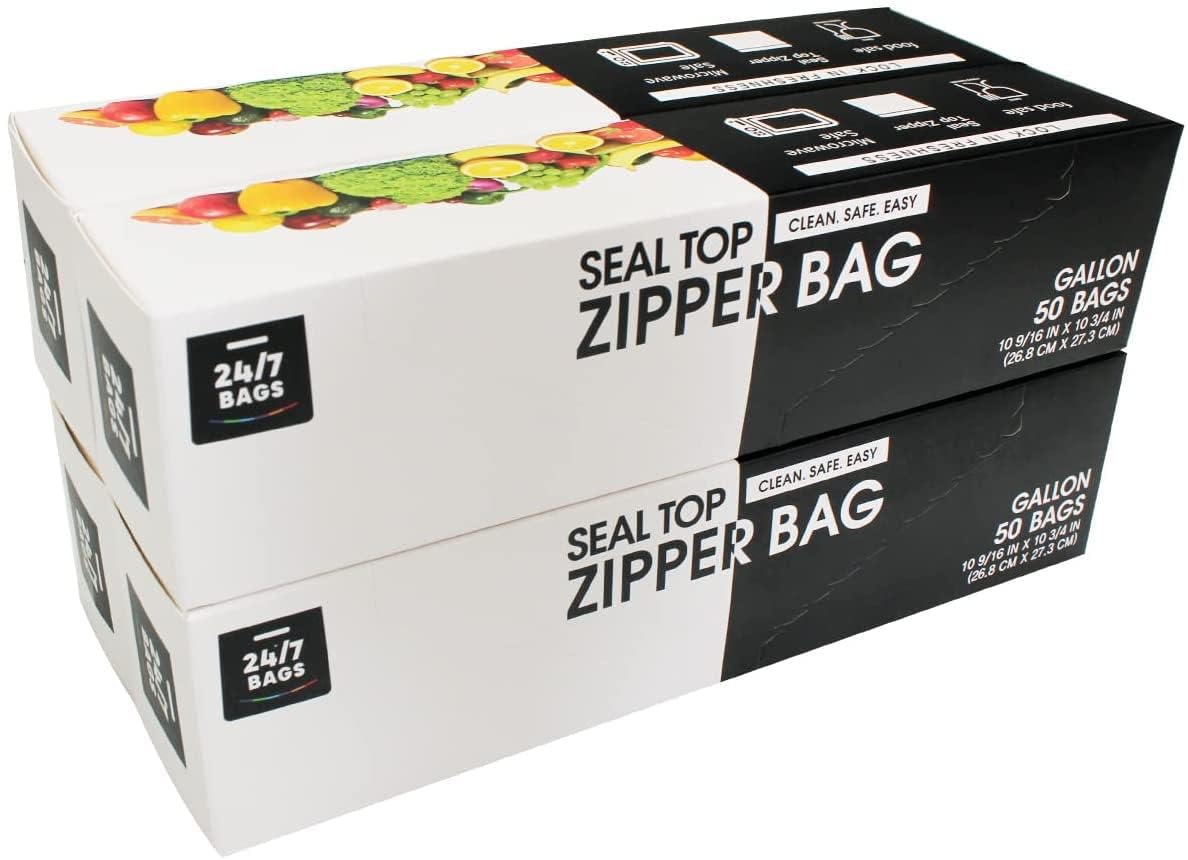 24/7 Bags- Gallon Zip Storage Bags, 200 Count, Double Zipper Seal, Easy Grip Open Tabs, Write-On Space, BPA-Free & Heavy Duty, Microwave Safe, Non-StandUp