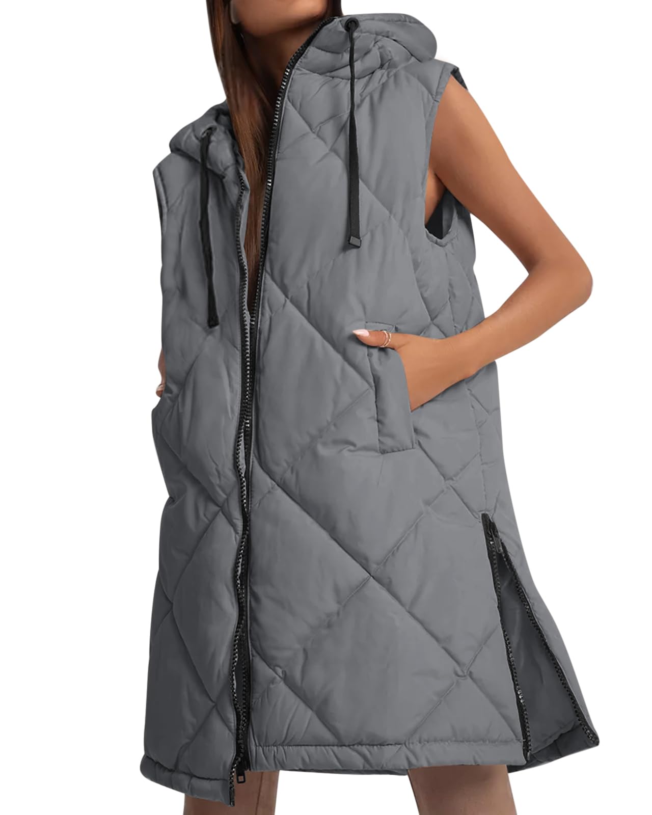 Imily Bela damesvest, lang, gewatteerd, met capuchon, mouwloos, jack, overgangsvest, longweste, wit, M