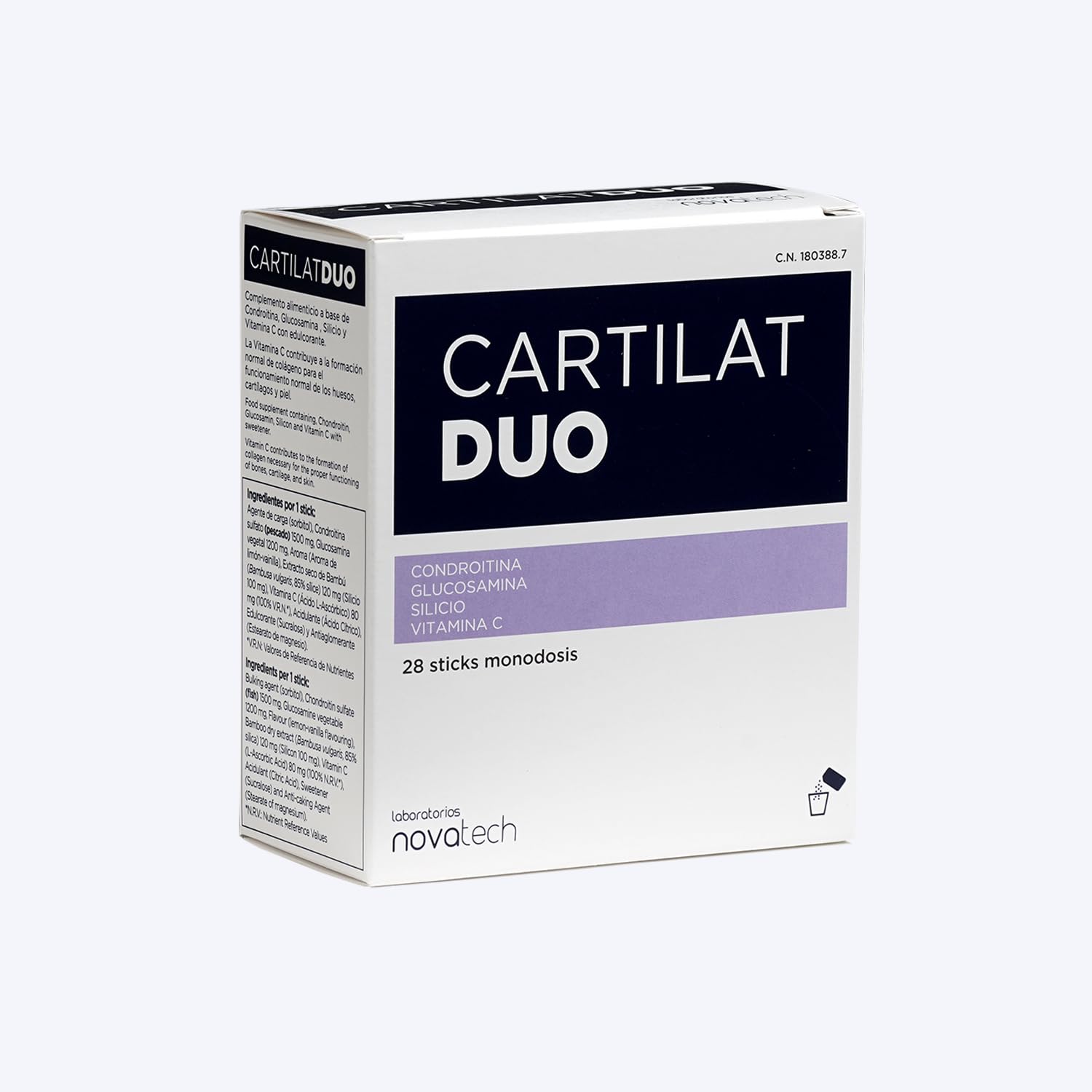 NOVATECH - CARTILAT DUO - 28 Sticks - Complemento Alimenticio - Glucosamina + Condroitina + Silicio Vegetal + Vitamina C - Articulaciones - Cartílago - Músculos - Huesos