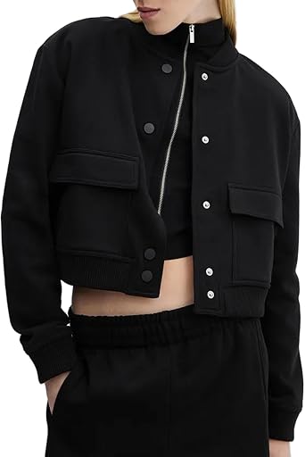 Womens Cropped Bomber Jackets Casual Button Down Stand Collar Varsity Jackets Shackets Coats With Pockets