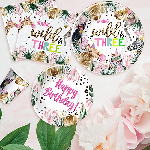 Apowbls Jungle Safari 3Rd Birthday Party Supplies - Young Wild And Three Decorations Girl Tableware, Plates, Cups, Napkins, Wild Animal 3-Year-Old Birthday Party Supplies Dinnerware | Serves 48 #TOP3