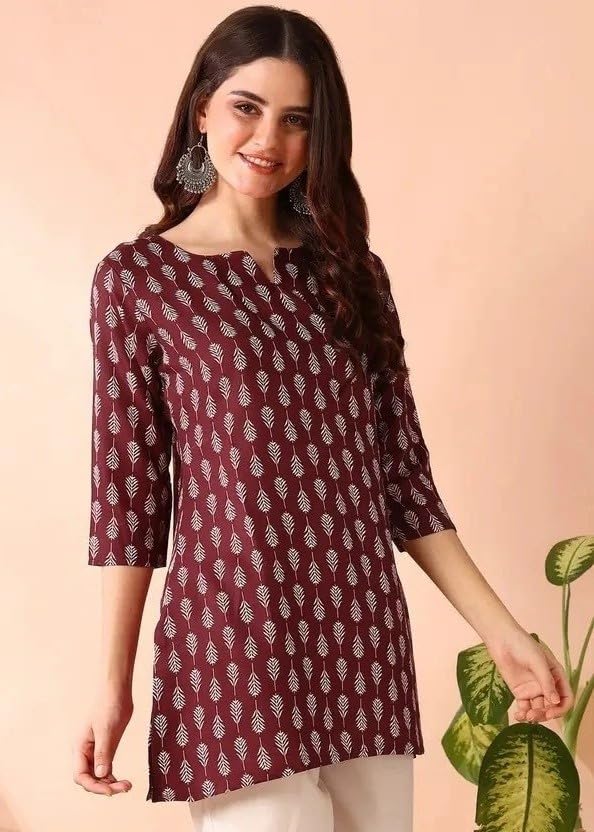 Image of MS VHCK ENTERPRISE Women's Short Kurti in Multicolor Rayon Cotton Blend | Ladies Ethnic Tunic | Office