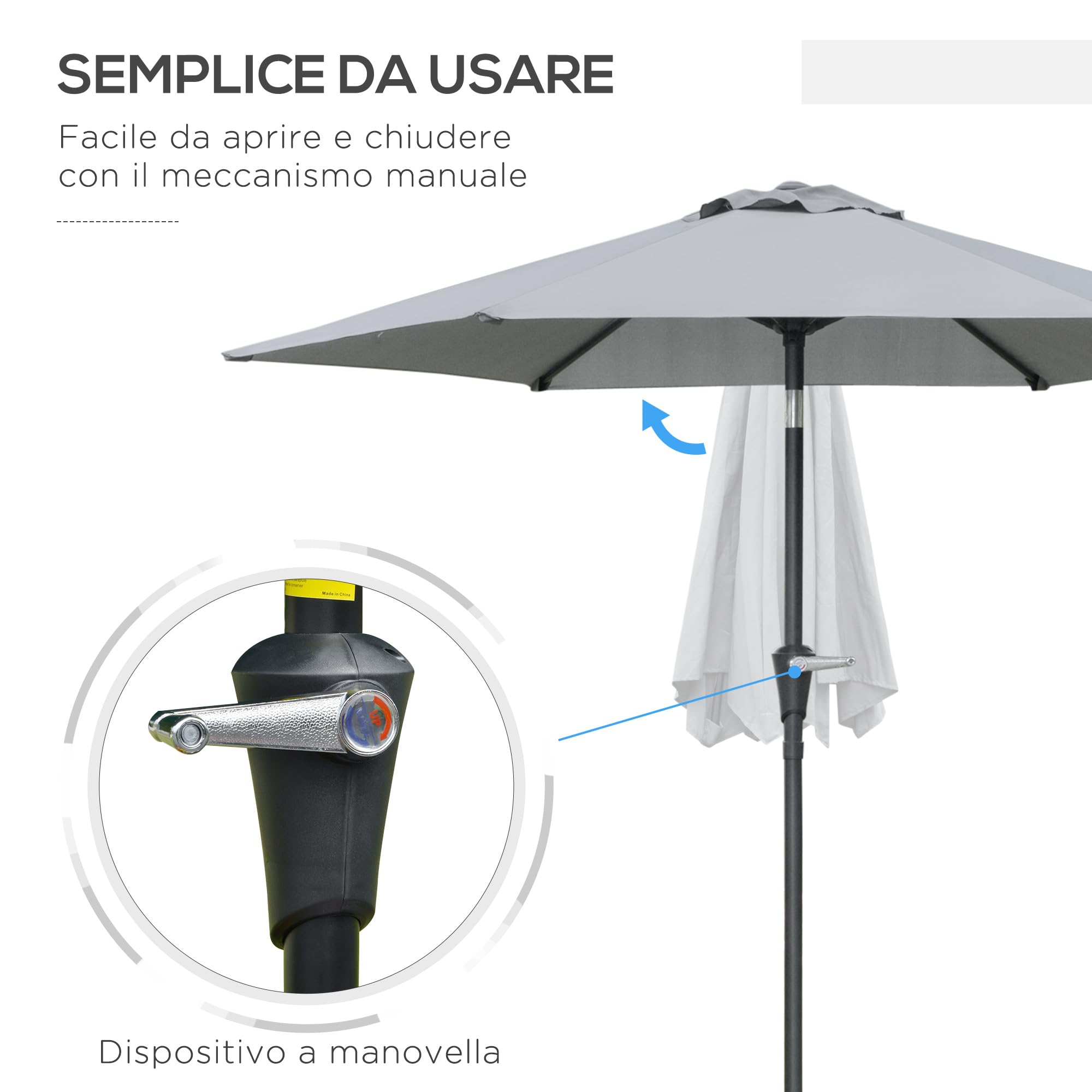 Outsunny Ombrellone da Giardino Inclinabile 2.3x2 m in Poliestere 180g/m², Ombrellone per Esterno da Terrazzo e Patio con Apertura a Manovella, Palo in Metallo e 6 Stecche,